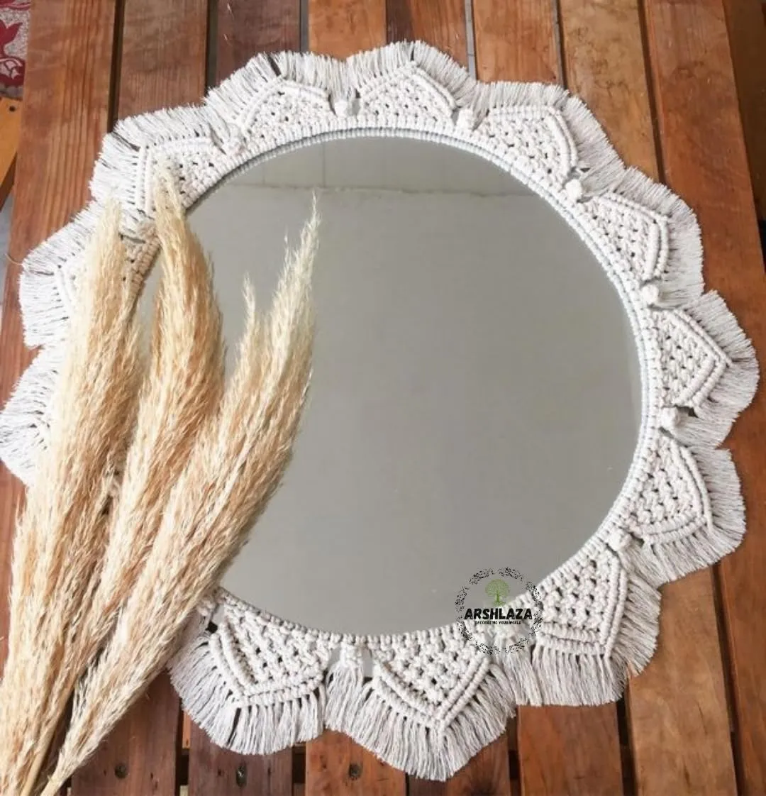 ARSHLAZA Macrame Hanging Wall Mirror with Macrame Round Mirror Art Boho Decor Macrame Decorative Mirror [M84] Framed, White