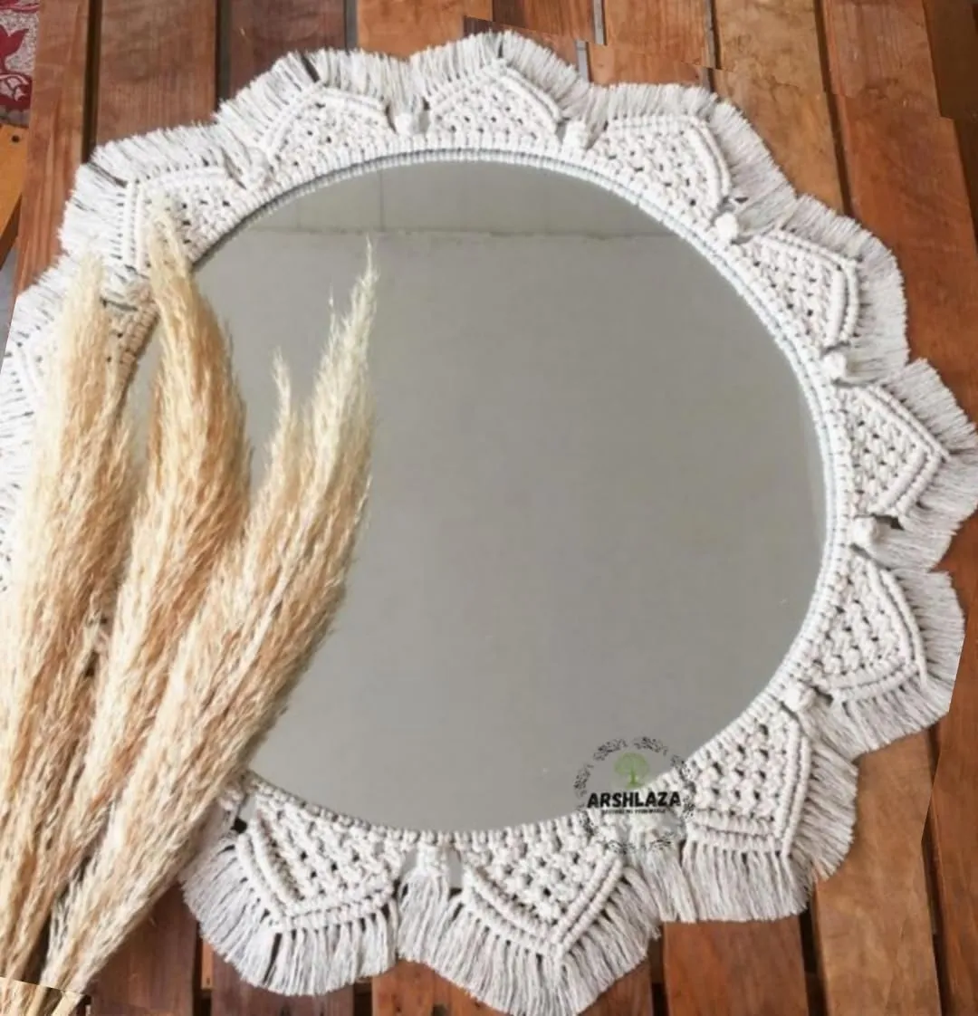 ARSHLAZA Macrame Hanging Wall Mirror with Macrame Round Mirror Art Boho Decor Macrame Decorative Mirror [M84] Framed, White