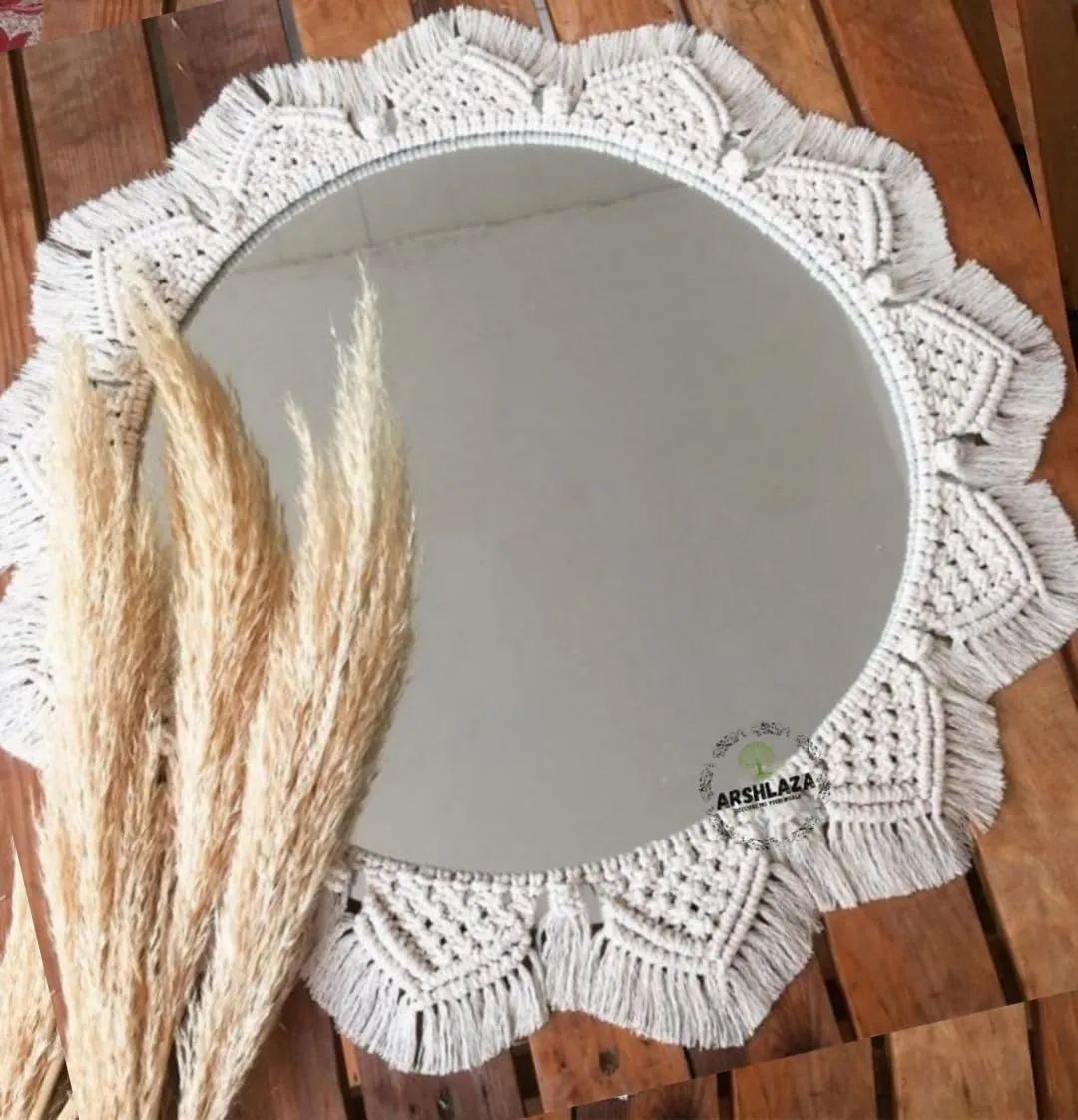 ARSHLAZA Macrame Hanging Wall Mirror with Macrame Round Mirror Art Boho Decor Macrame Decorative Mirror [M84] Framed, White