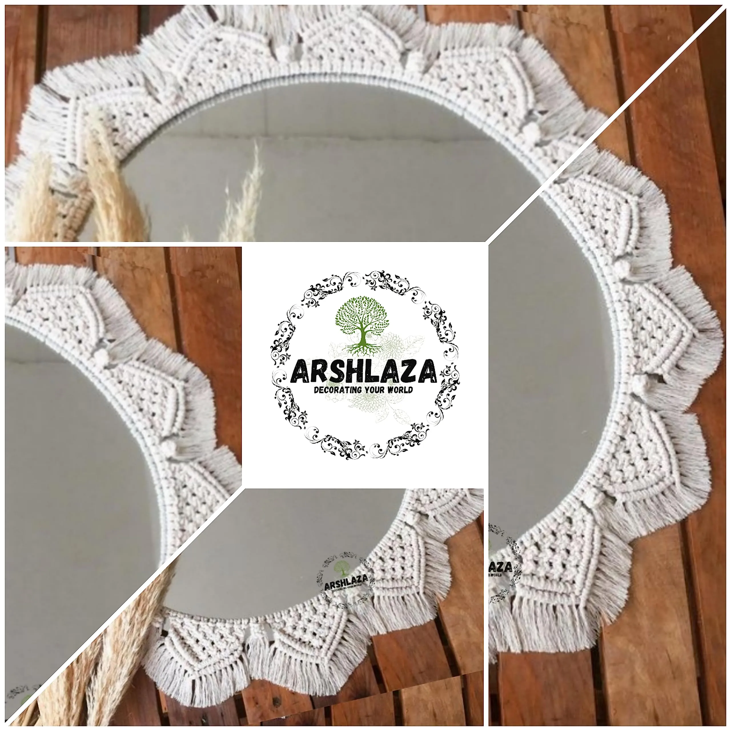 ARSHLAZA Macrame Hanging Wall Mirror with Macrame Round Mirror Art Boho Decor Macrame Decorative Mirror [M84] Framed, White