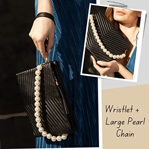 Before & Ever Black Wristlet Clutch Purses for Women White Pearls Gold Chain