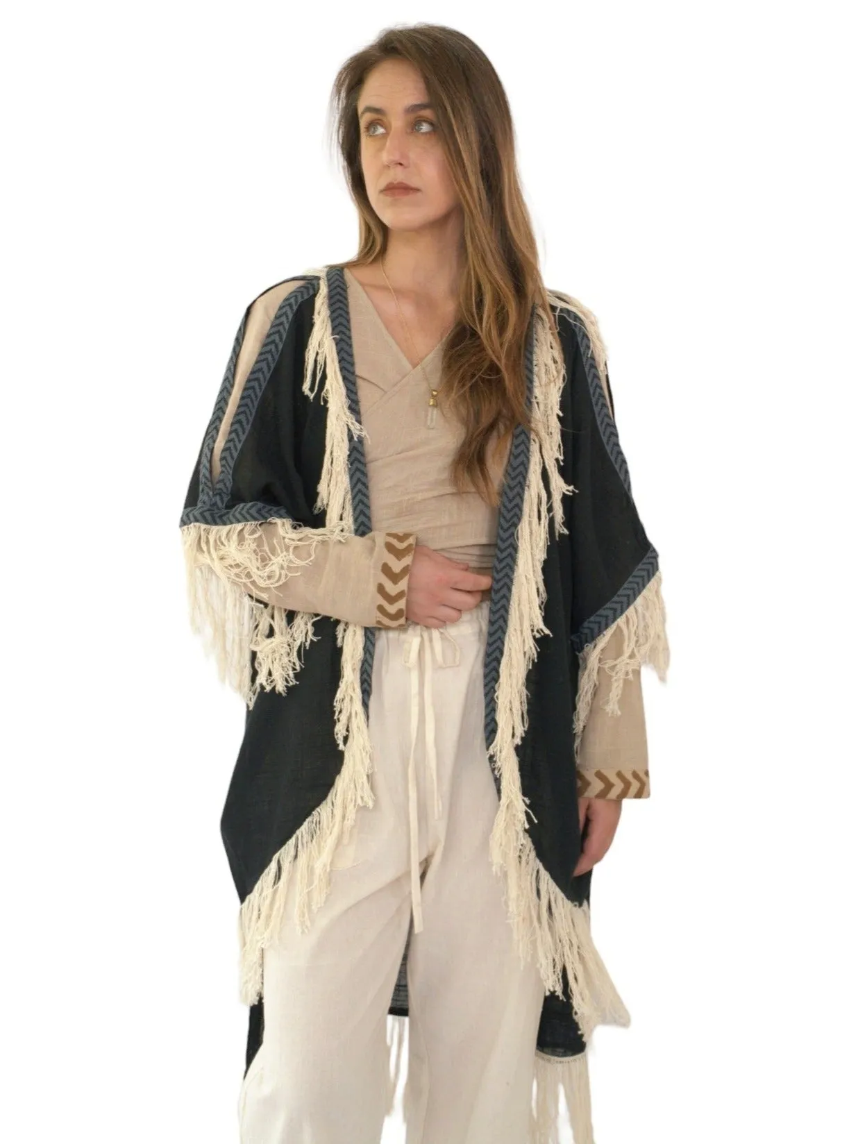 Black Organic Cotton Shrug with Fringe