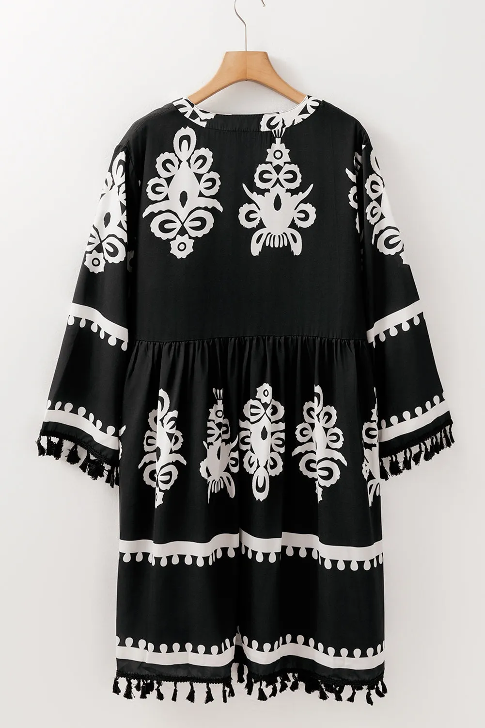 Black Plus Size Western Floral Print Fringed V Neck Dress