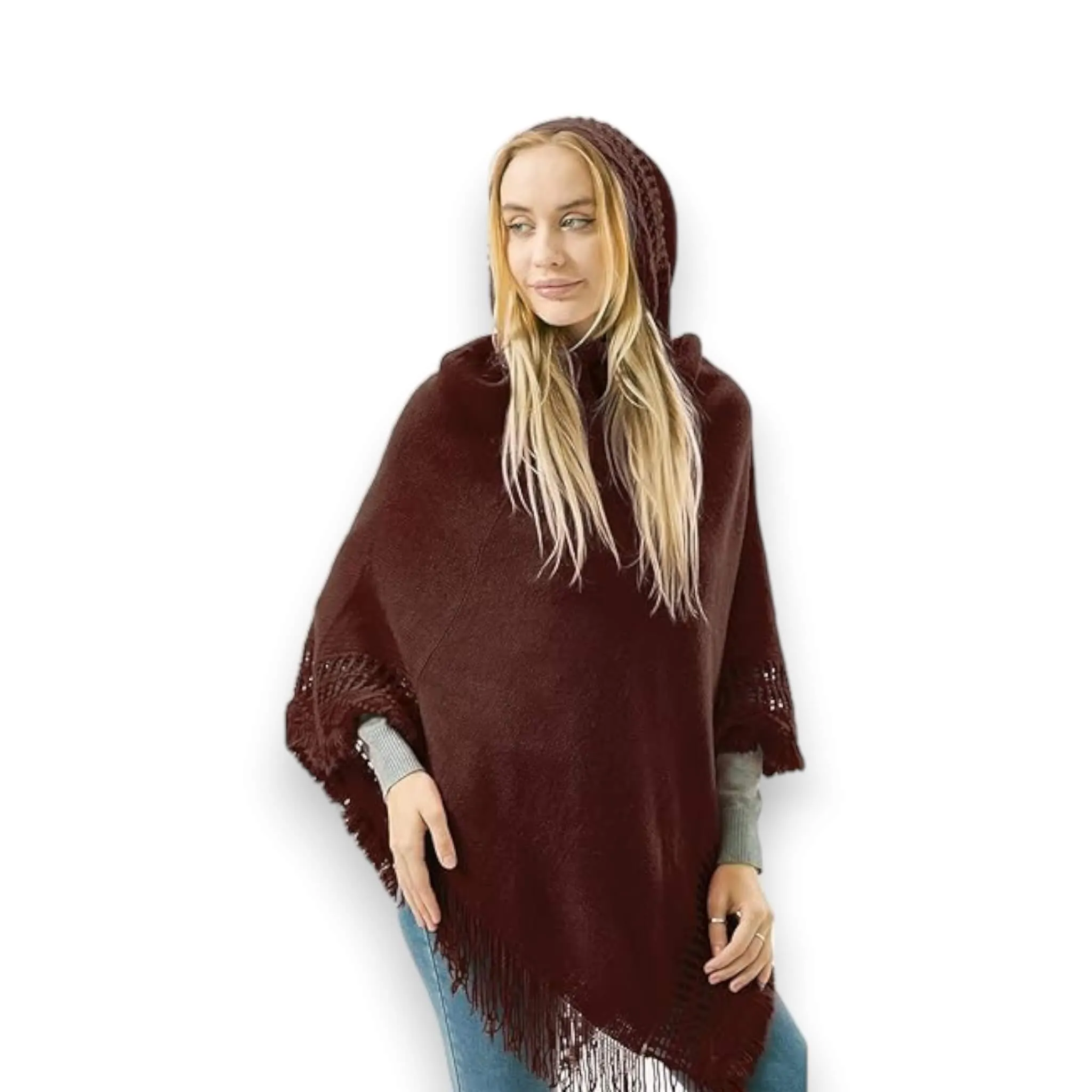 Brown Hooded Tassel Poncho Sweater