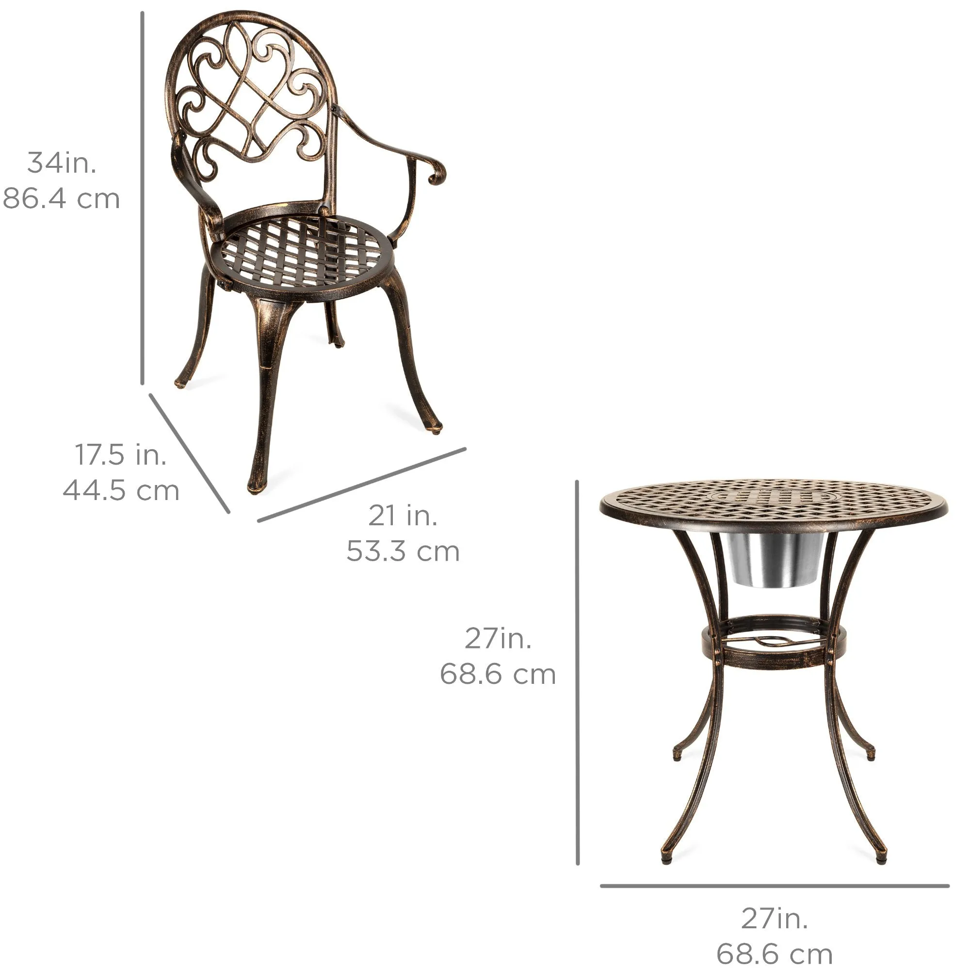 Cast Aluminum Patio Bistro Set w/ Ice Bucket, Chairs, Copper Finish