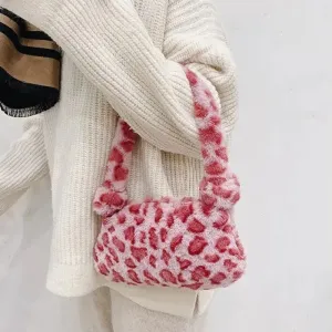 Fluffy and Soft Pink Leopard Print Mini Shoulder Bag for Women