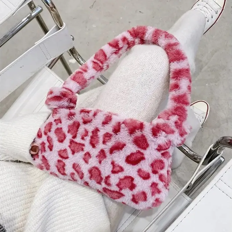 Fluffy and Soft Pink Leopard Print Mini Shoulder Bag for Women