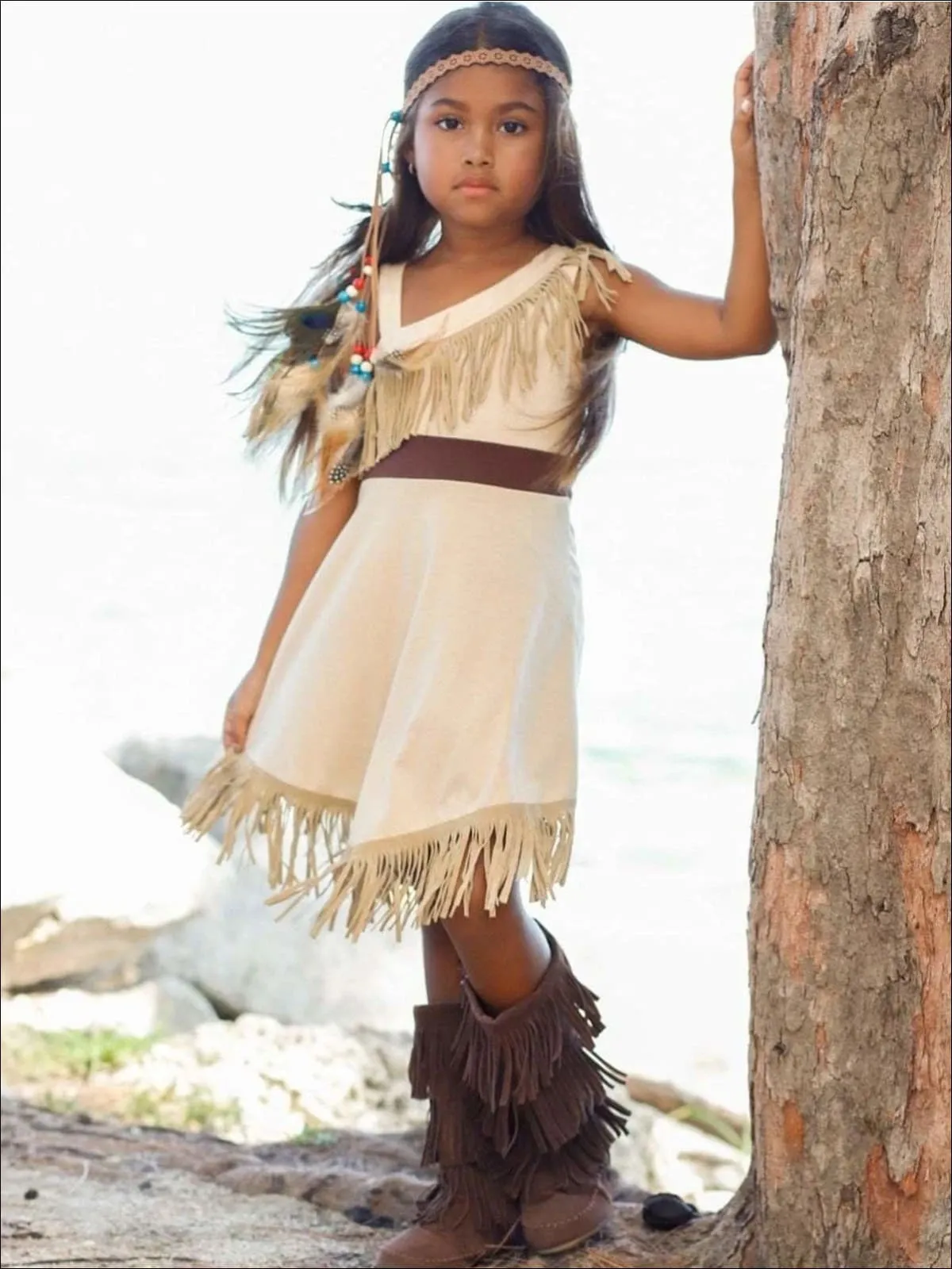 Girls Pocahontas Inspired Bohemian One Shoulder Fringe Halloween Costume