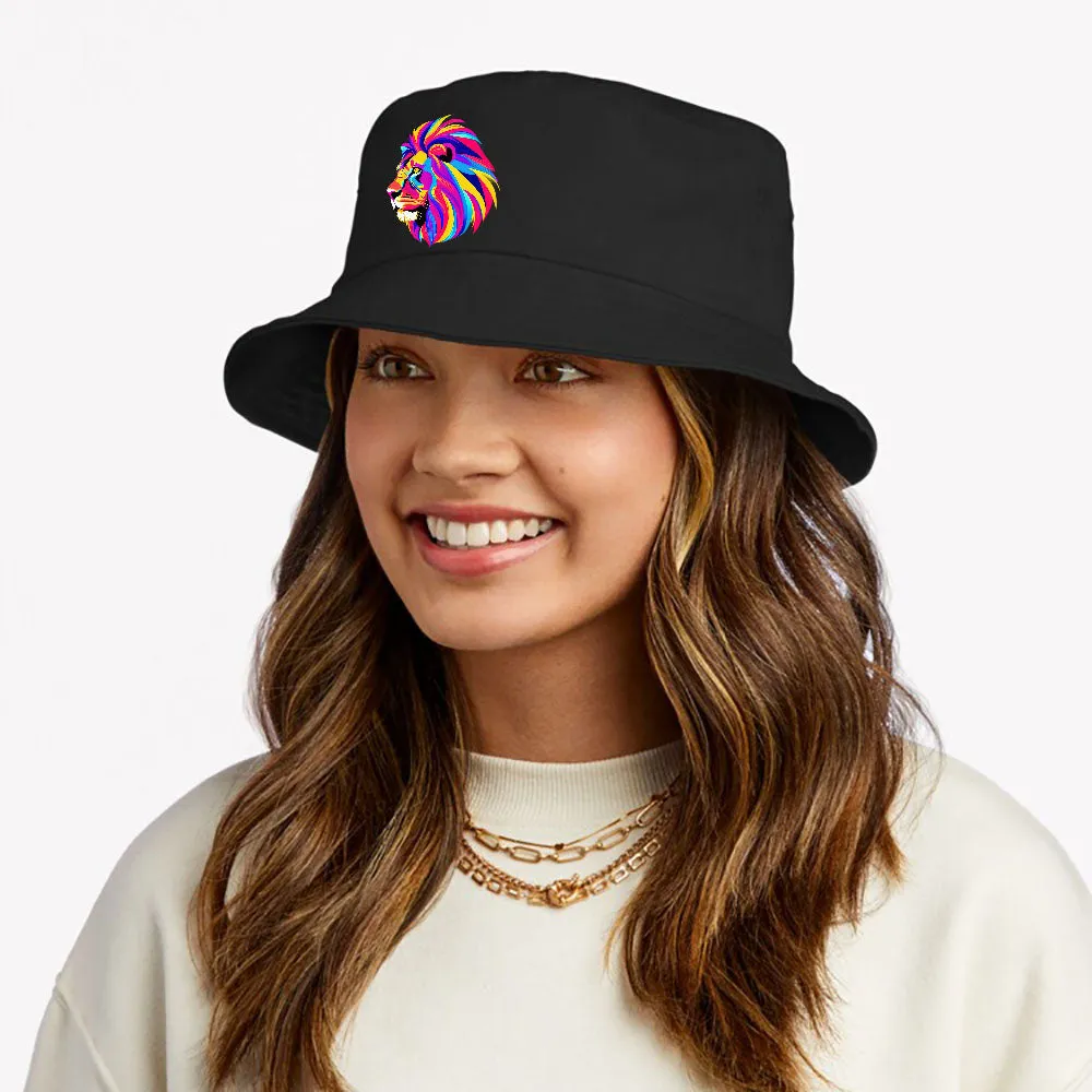 Graphic Design Tee With Lion Head, Bold Colors Bucket Hat