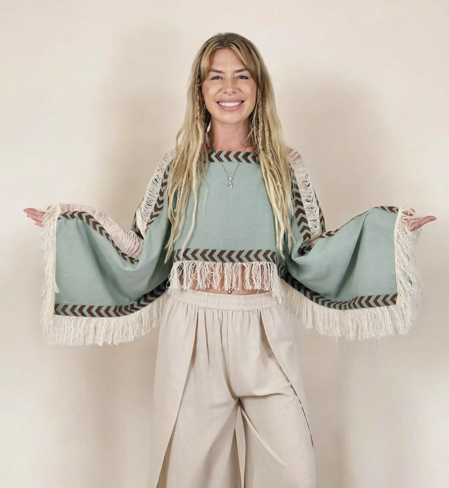 Green Sage Long Sleeve Crop Top with Fringe