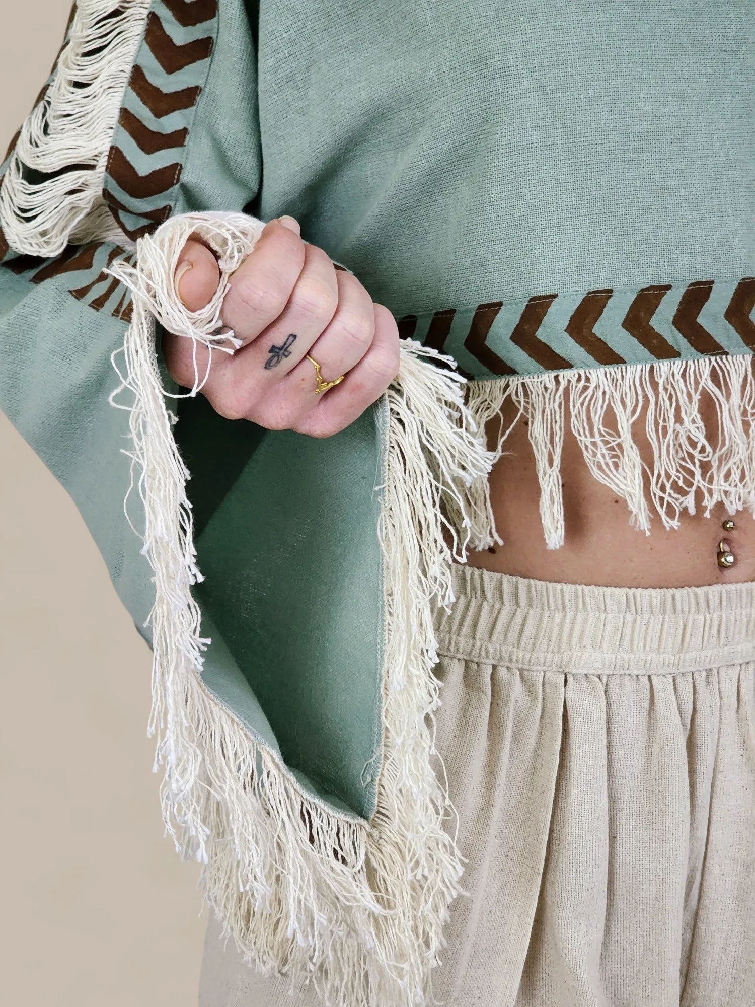 Green Sage Long Sleeve Crop Top with Fringe