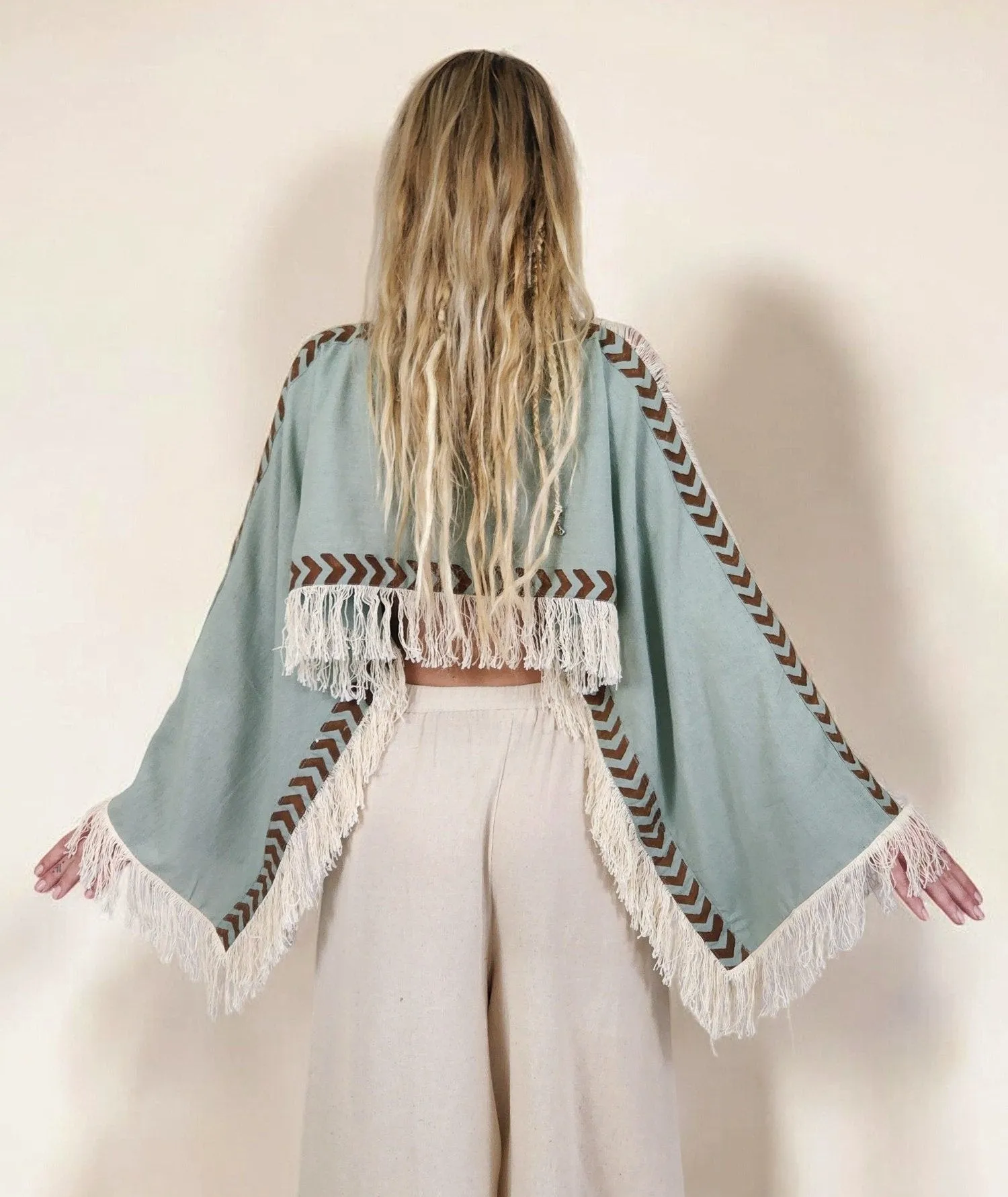 Green Sage Long Sleeve Crop Top with Fringe