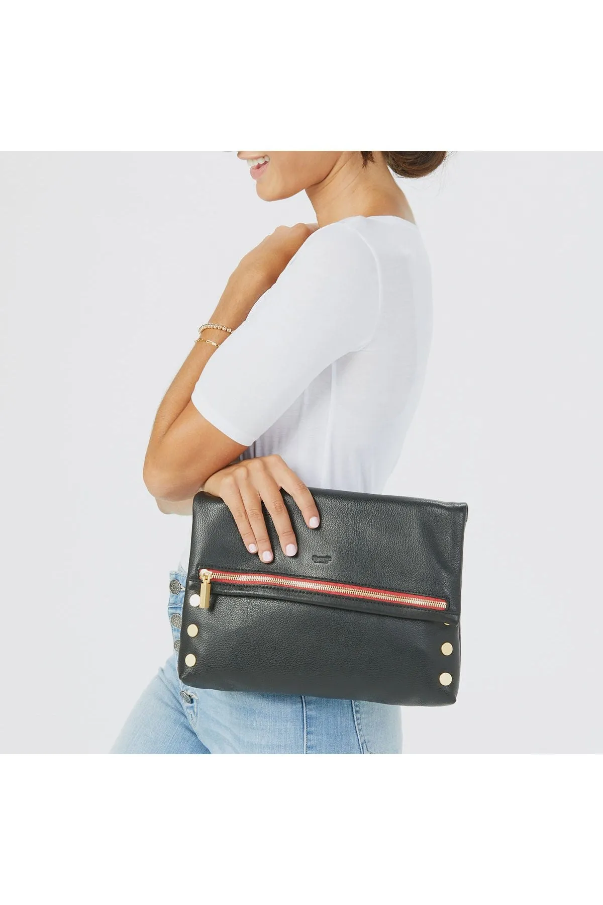 Hammitt VIP Large Clutch Crossbody Bag | Black/Brushed Gold/Red Zip