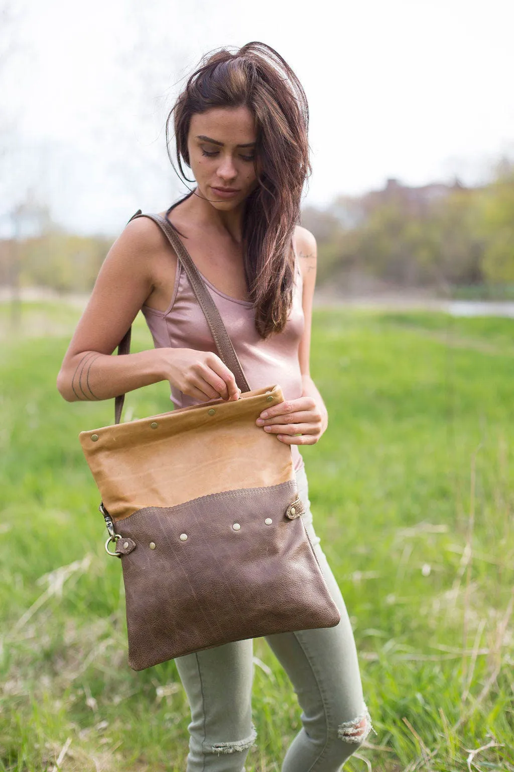 Large Leather Foldover Crossbody Bag - Distressed Sage Green Leather With Hand Painted Terra Cotta & Peach Top