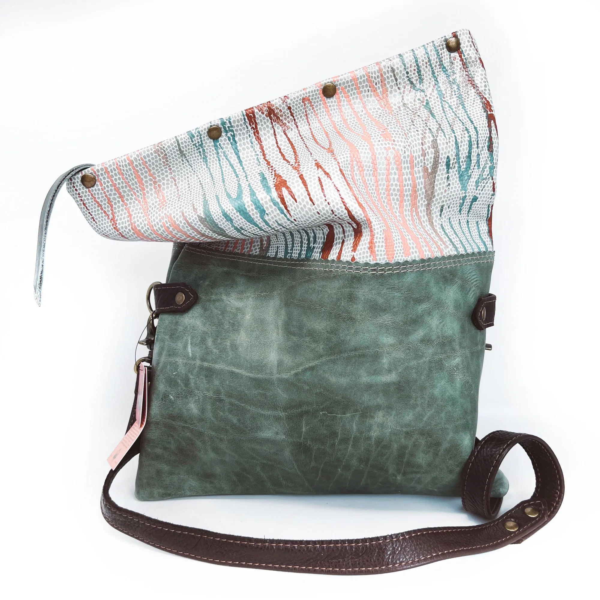 Large Leather Foldover Crossbody Bag - Distressed Sage Green Leather With Hand Painted Terra Cotta & Peach Top