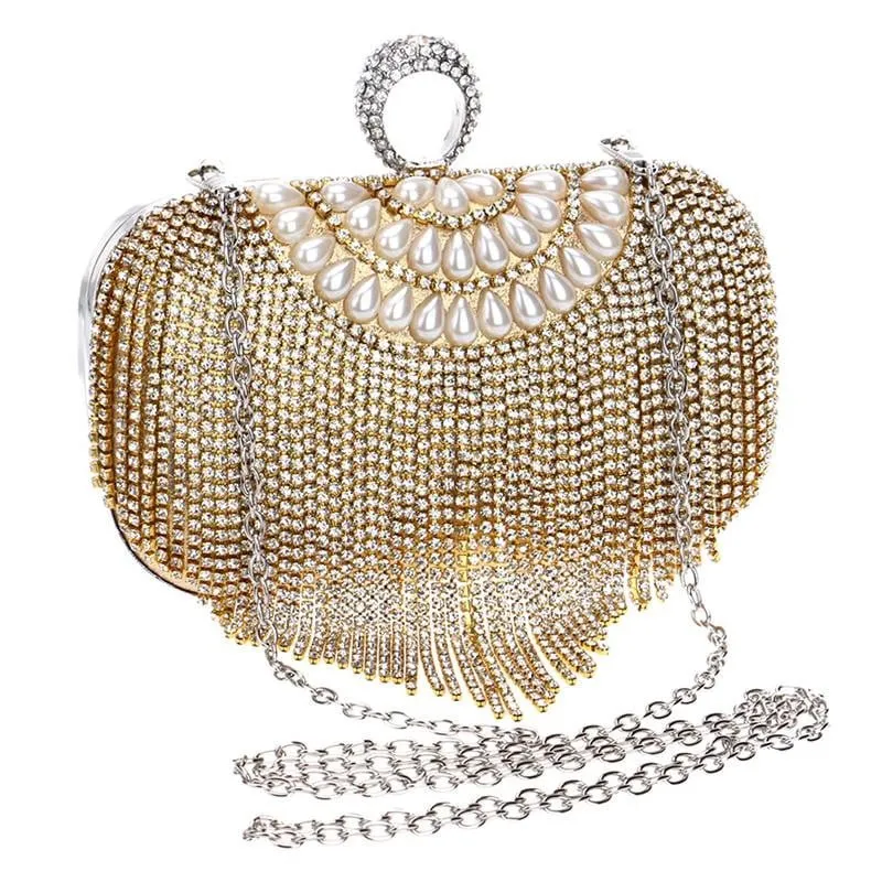 Luxy Moon Tassel Evening Clutches Rings Diamonds Pearl Handbags