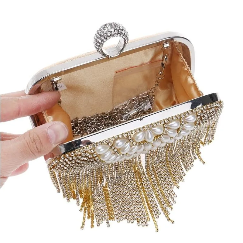 Luxy Moon Tassel Evening Clutches Rings Diamonds Pearl Handbags