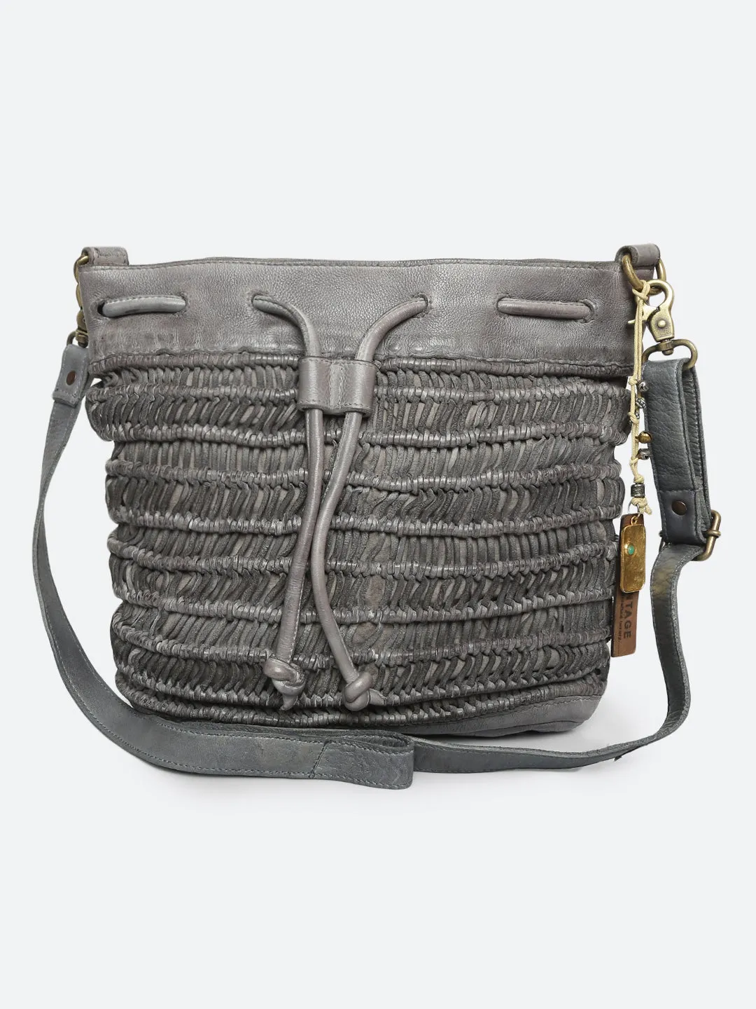 Meidl: Gery Leather Macrame Weaving Bucket Drawstring Bag