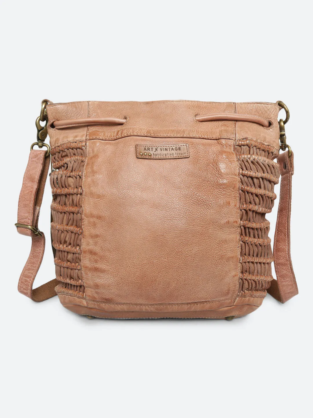 Meidl: Sand Leather Macrame Weaving Bucket Drawstring Bag