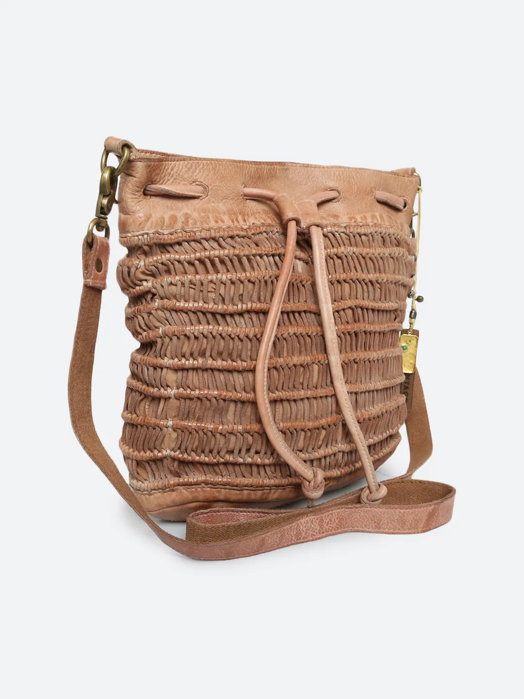 Meidl: Sand Leather Macrame Weaving Bucket Drawstring Bag