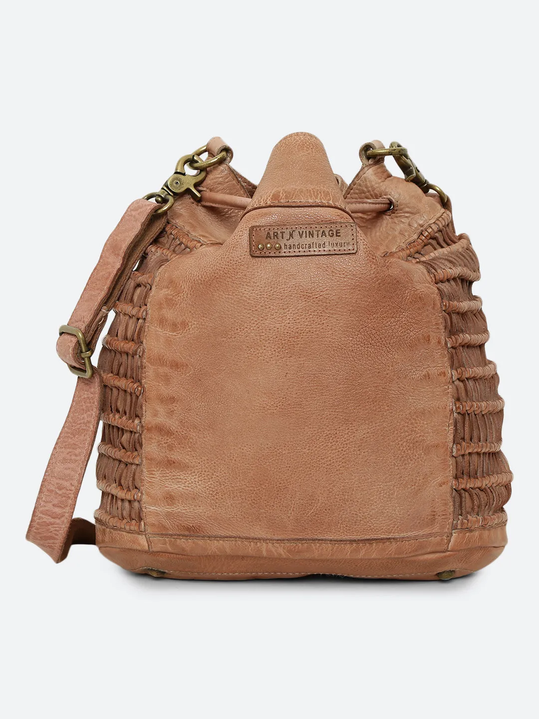 Meidl: Sand Leather Macrame Weaving Bucket Drawstring Bag