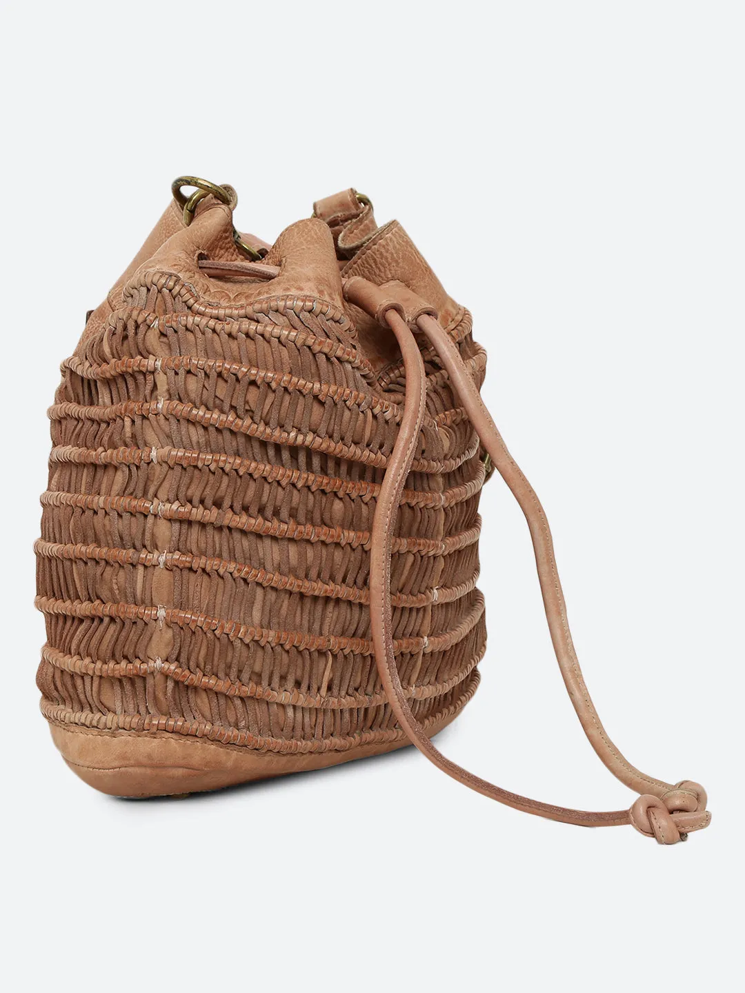 Meidl: Sand Leather Macrame Weaving Bucket Drawstring Bag