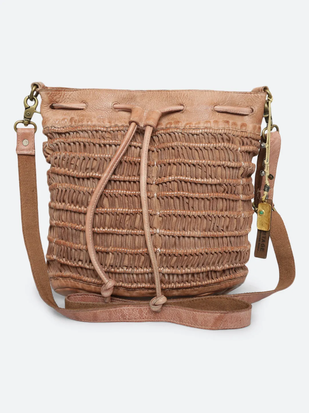 Meidl: Sand Leather Macrame Weaving Bucket Drawstring Bag