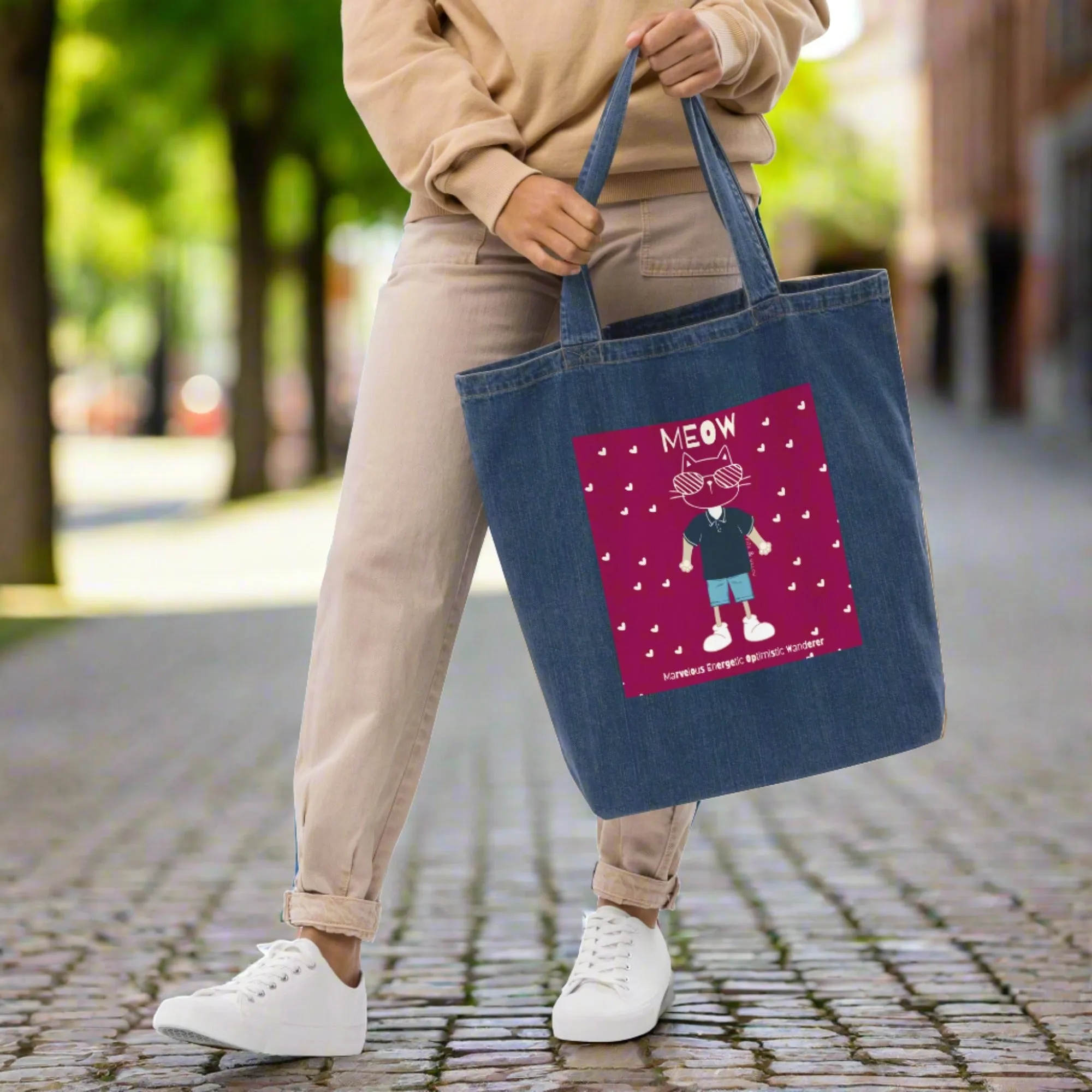 MEOW, Cat themed organic denim tote bag