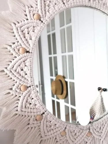 MOS HANDICRAFT Macrame Hanging Wall Mirror with Macrame Round Mirror Art Boho Decor Macrame Decorative Mirror Framed, Off-White