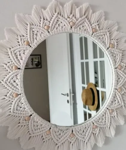 MOS HANDICRAFT Macrame Hanging Wall Mirror with Macrame Round Mirror Art Boho Decor Macrame Decorative Mirror Framed, Off-White