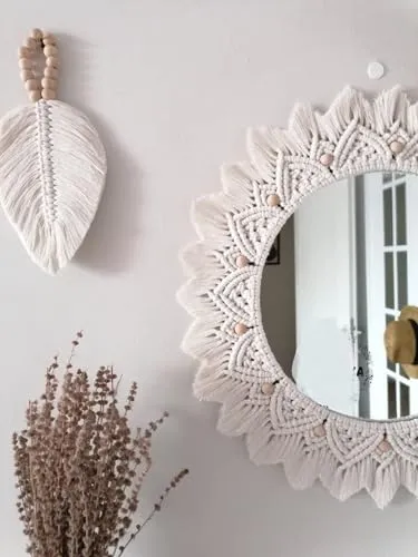 MOS HANDICRAFT Macrame Hanging Wall Mirror with Macrame Round Mirror Art Boho Decor Macrame Decorative Mirror Framed, Off-White