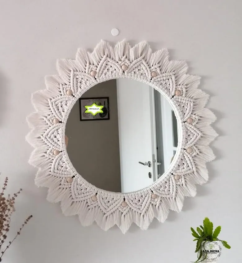 MOS HANDICRAFT Macrame Hanging Wall Mirror with Macrame Round Mirror Art Boho Decor Macrame Decorative Mirror Framed, Off-White