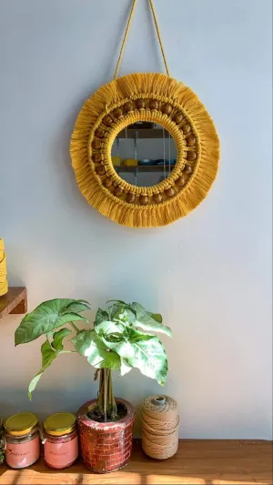 Pintoresco Handmade Macrame Hanging Wall Mirror with Macrame Fringe Round Mirror(Size-12 Inch)(Wine) (Yellow)