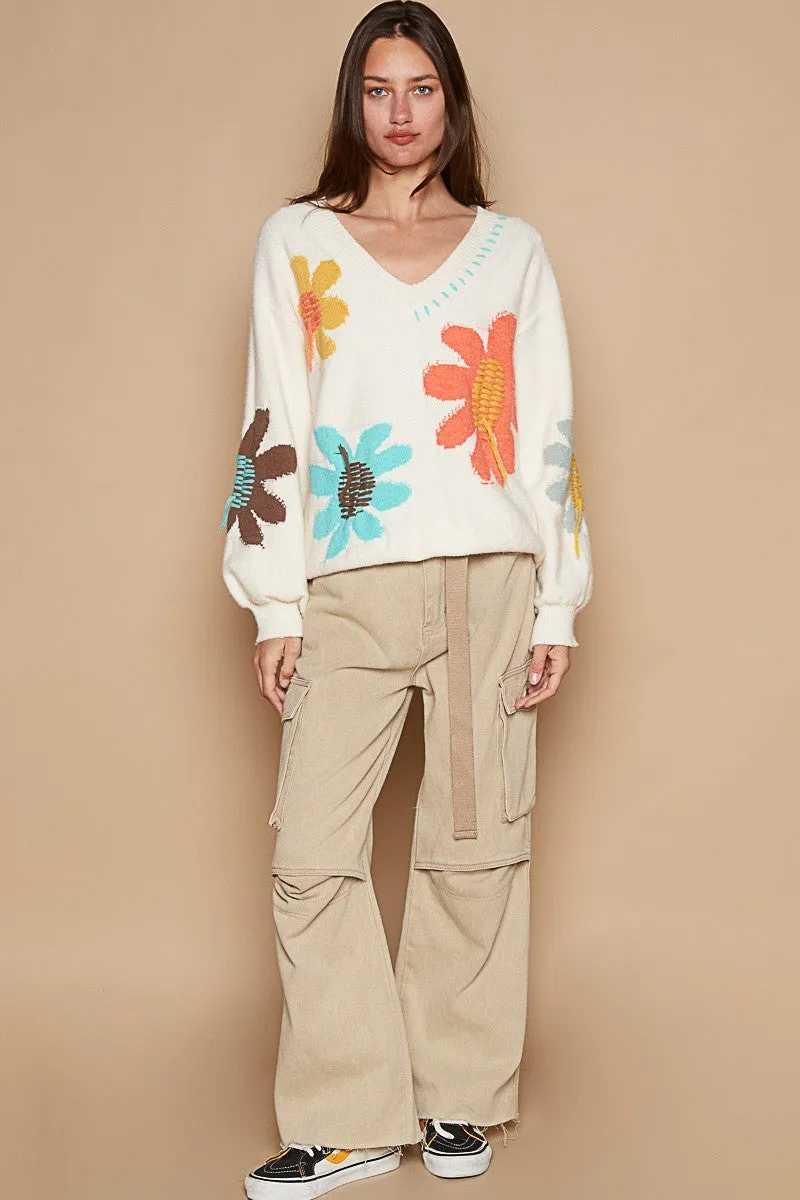 POL Ivory Women Sweater V-Neck Long Sleeve Flower Fringe Embroidered