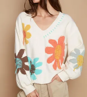 POL Ivory Women Sweater V-Neck Long Sleeve Flower Fringe Embroidered