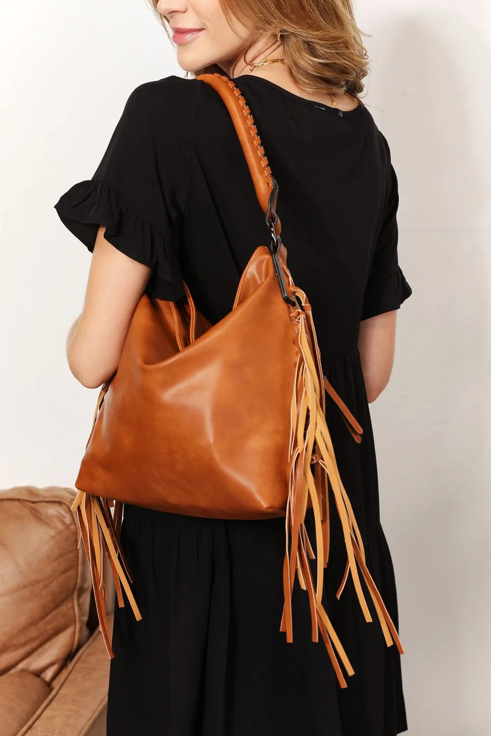 SHOMICO PU Leather Fringe Detail Shoulder Bag