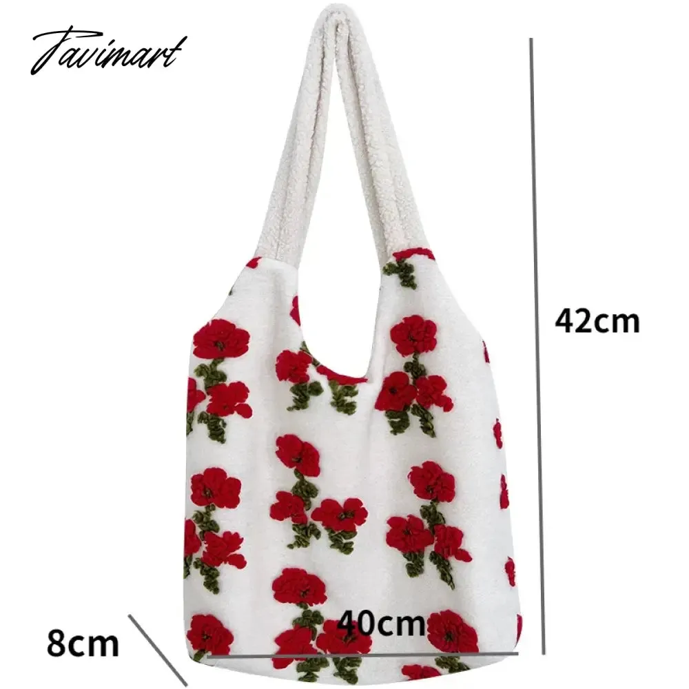 Tavimart Ladies Korean Version Winter Plush Shoulder Bag Rose Flower Handbag Casual Large Capacity Shopper Tote Bags for Women