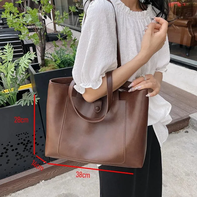 Tote Handbags Large Leather Double Handles Zipper Outer Pocket Snap Bags