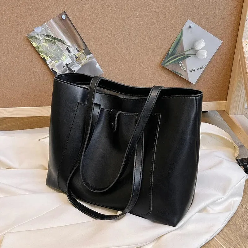 Tote Handbags Large Leather Double Handles Zipper Outer Pocket Snap Bags