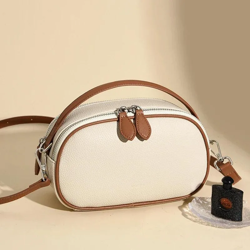 Tote Handbags Small Double Zipper Soft Leather Oval Crossbody Bags