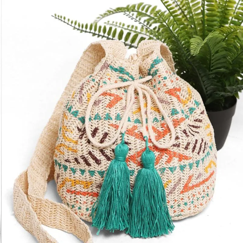 Tribal Straw Crossbody Bucket Bag  211-4 (1 unit)