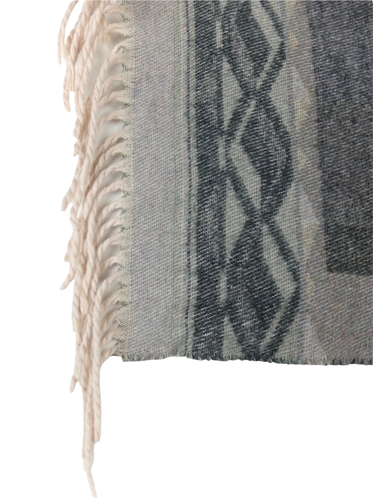 Vintage 80s Hippie Bohemian Festival Style Abstract Patterned Grey & Cream Fringed Long Wrap Winter Blanket Scarf